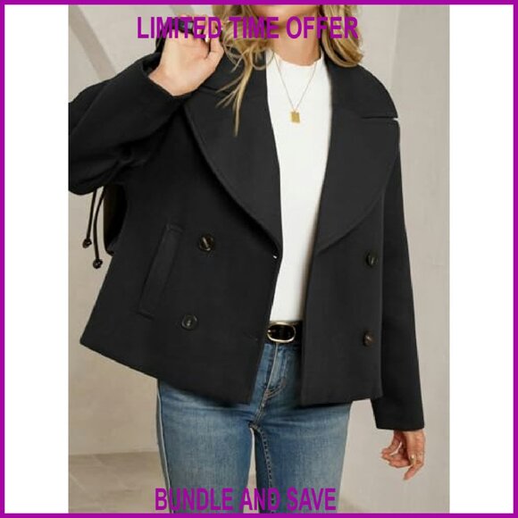 Cropped Wool Blend Pea Coat Double Breasted Notched Lapel Overcoat - Picture 6 of 8